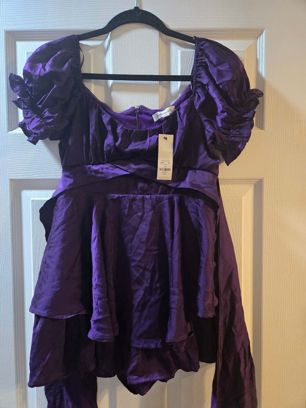 Francesca's Sssatintie Romper Size M Purple Puff Sleeve